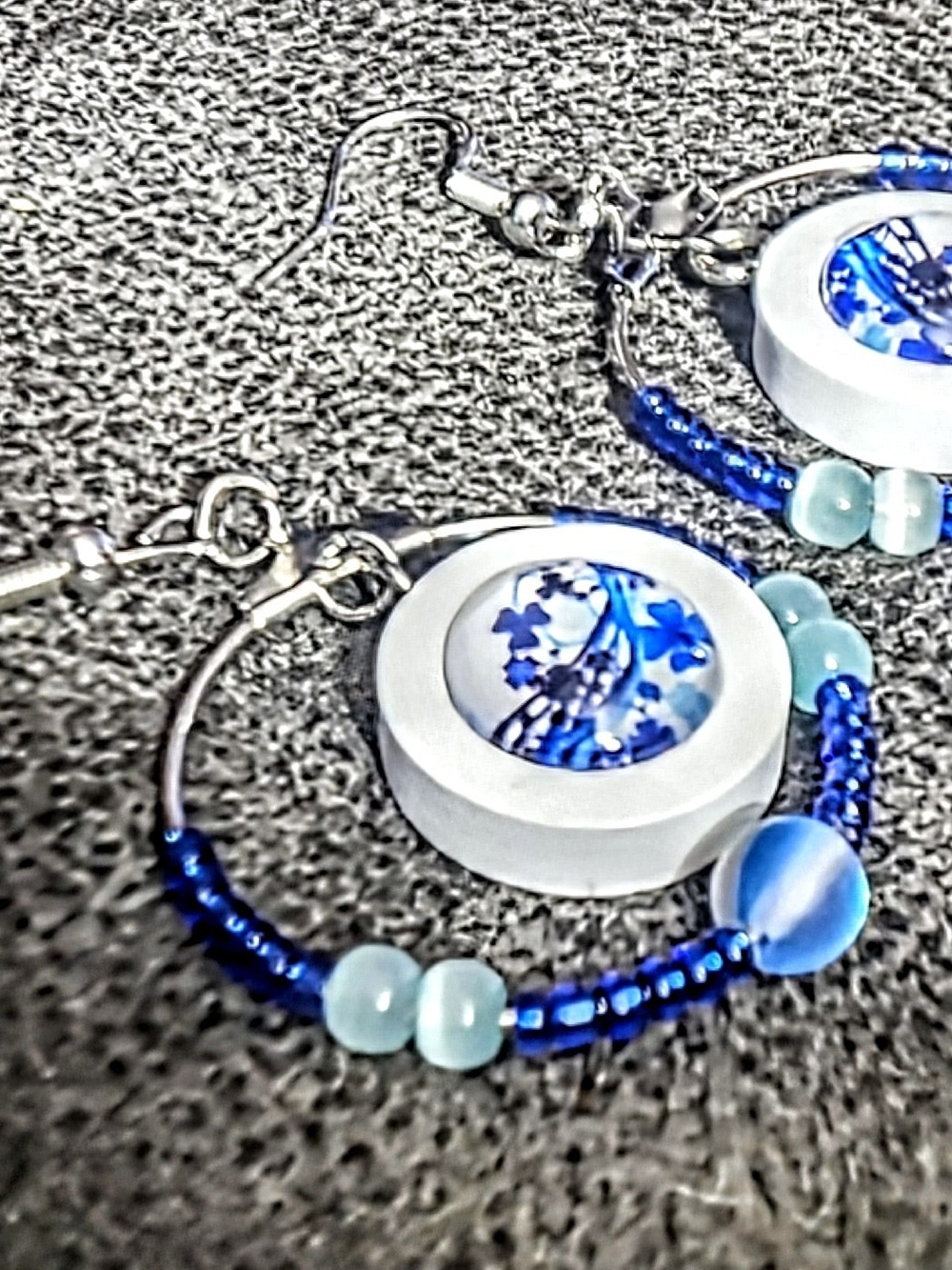 Blue Floral Hoop Dangle Earrings - With Moon Beads
